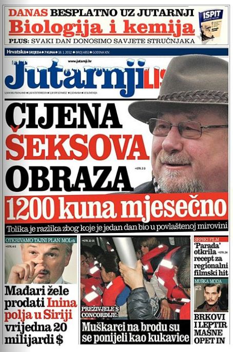 Vladimir Šeks, Jutarnji List Magazine 18 January 2012 Cover Photo - Croatia