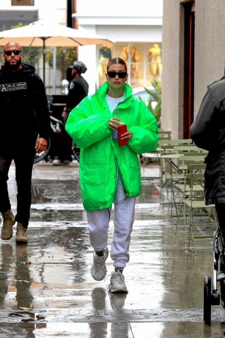 Hailey Bieber In a green oversized jacket at Cha Cha Matcha in