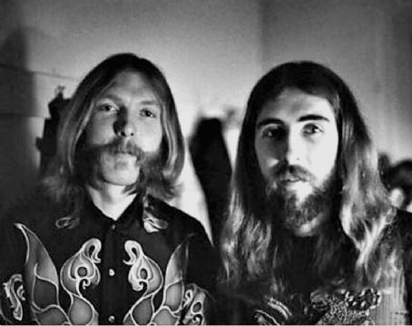 Duane Allman with Gregg Allman and Berry Oakley backstage before the Allman  Brothers' performance at the Sitar on October 17, 1970 in Spartanburg,  South Carolina  post