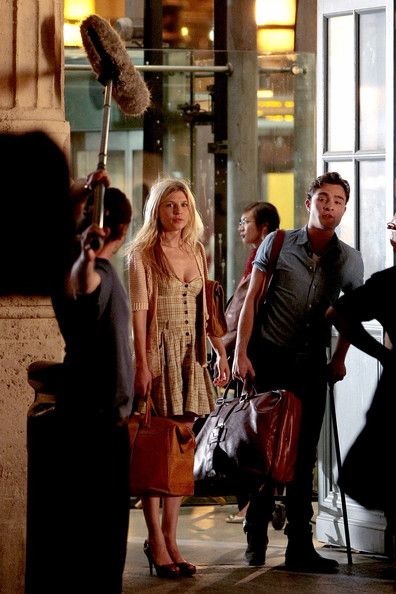 Ed Westwick kisses his co-star Clemence Poesy whilst filming scenes for season 4 of "Gossip Girl" in Paris