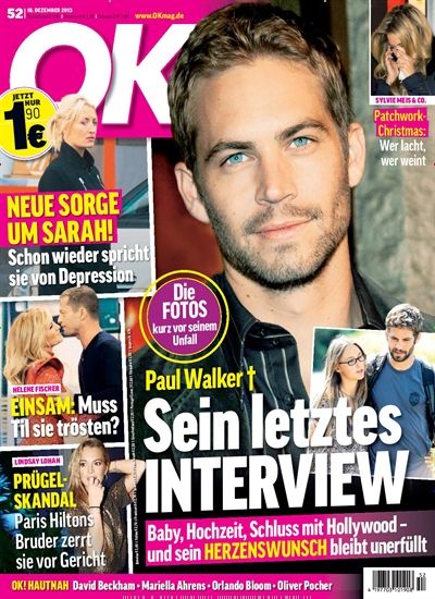 Paul Walker Ok Magazine 18 December 2013 Cover Photo Germany