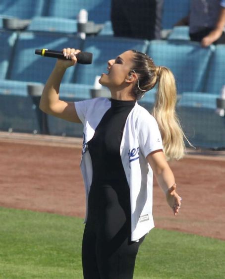 Pia Toscano – Sings National Anthem at Dodgers Game in LA - FamousFix